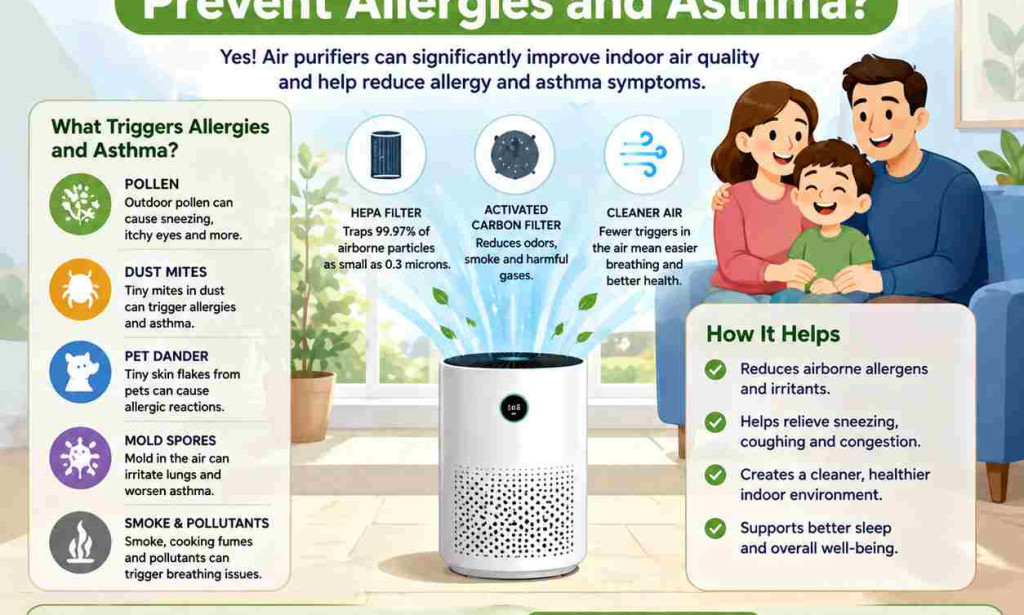 How can an air purifier prevent allergies and asthma?